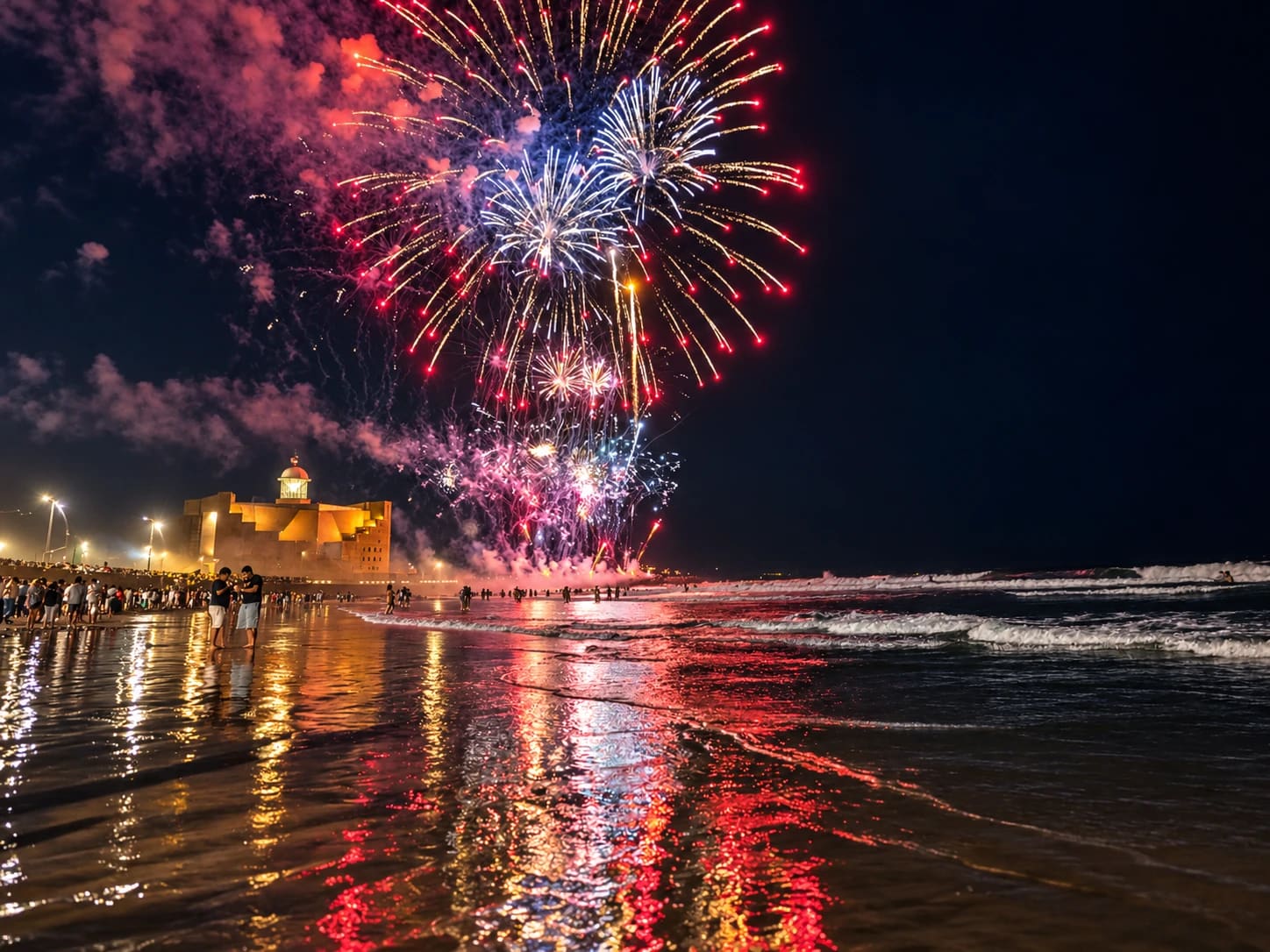 Fuegos artificiales de Nochevieja sobre la playa de Las Canteras, con el Auditorio Alfredo Kraus iluminado y gente en la orilla