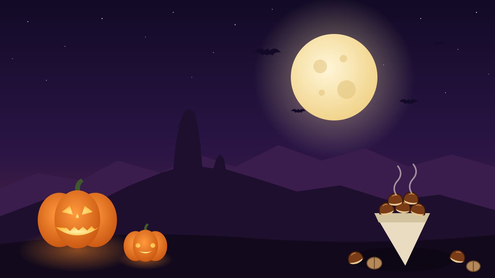 Ilustración: calabazas iluminadas y un cucurucho de castañas asadas bajo la luna llena, con la silueta del Roque Nublo