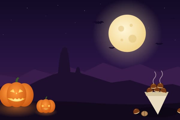 Calabazas y castañas bajo la luna llena